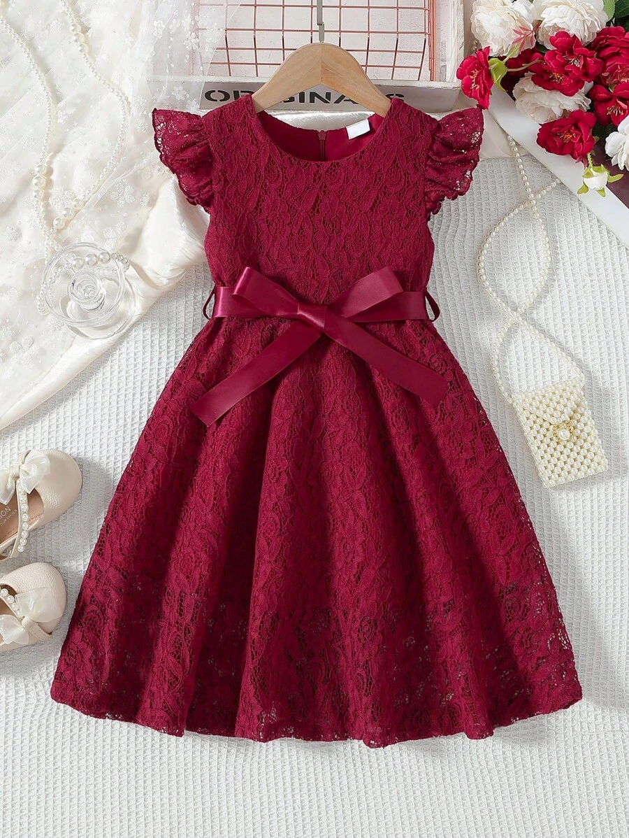 coviviky Vestido elegante de unicolor con encaje, cuello redondo, manga corta, cremallera, dulce y lindo con cinturón, adecuado para uso diario casual, fiesta de cumpleaños, regalo para niñas de 3 a 10 años