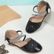 New Rhinestone Ribbons Knitted Flowers Ballet Shoes For Girls - Black - View 3