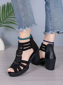 1 Pair Fashion Roman Style Teenager Mid-High Heel Sandals, Zipper Back Hollow Toe Design, Suitable For Outdoor, Commuting, Dance, Party, Beach, Size Runs Small, Suggest Ordering 1/2 Size Up - Black - View 6