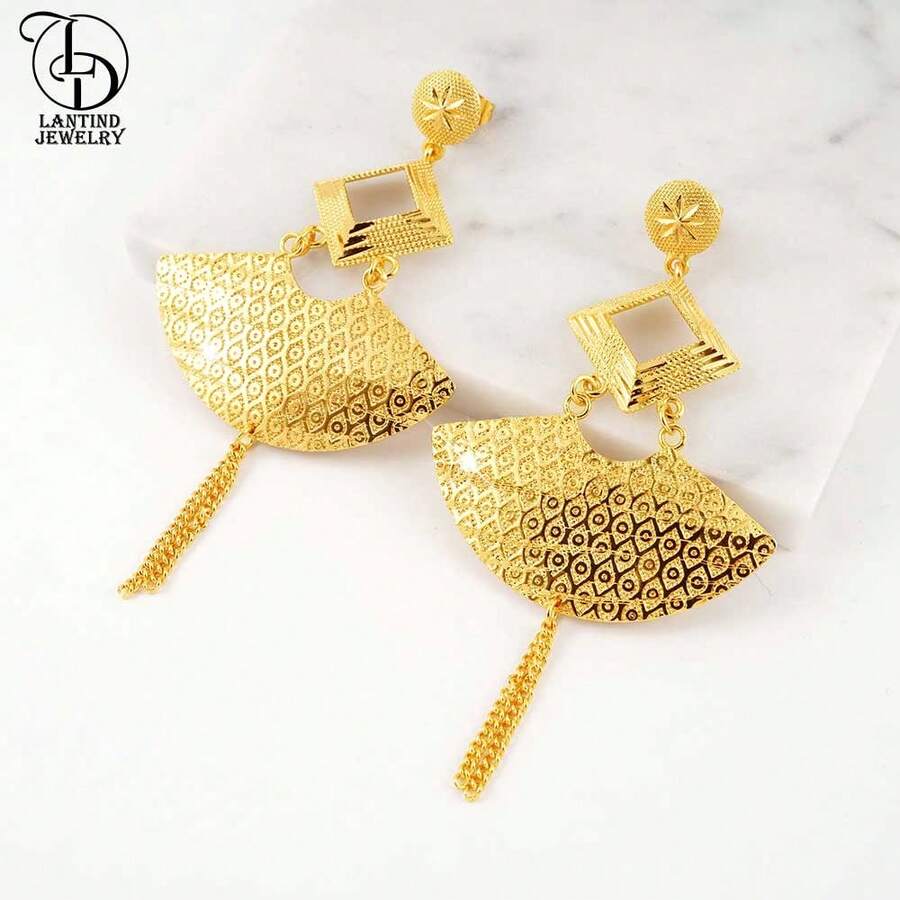 1pc Fashion Tassel Earrings With 24K Gold Printed Design, Copper Material Suitable For Party, Wedding, Anniversary Dress Up, Daily Casual Wear
