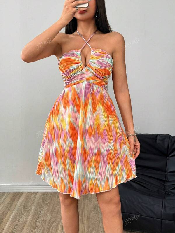 Sexy & Elegant Tie-Dye Print Backless Lace-Up Waist Flare Dress