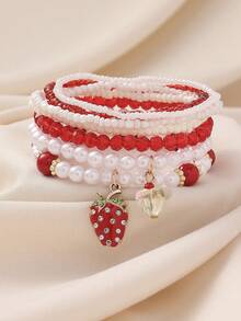 7件套波西米亚风可爱串珠仿珍珠樱桃草莓吊坠叠戴手链，适合女性海滩度假休闲日常佩戴 - 紅白色 - 查看 10