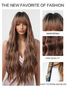 Tóc giả xoăn màu nâu thanh lịch dài 28 inch có mái, phù hợp cho nữ - Tóc giả tổng hợp mềm mại, chịu nhiệt, phù hợp cho tạo kiểu hàng ngày và các dịp đặc biệt, kiểu tóc đa năng, tóc xoăn gợn sóng ngang vai. - Màu nâu highlight - Xem 8