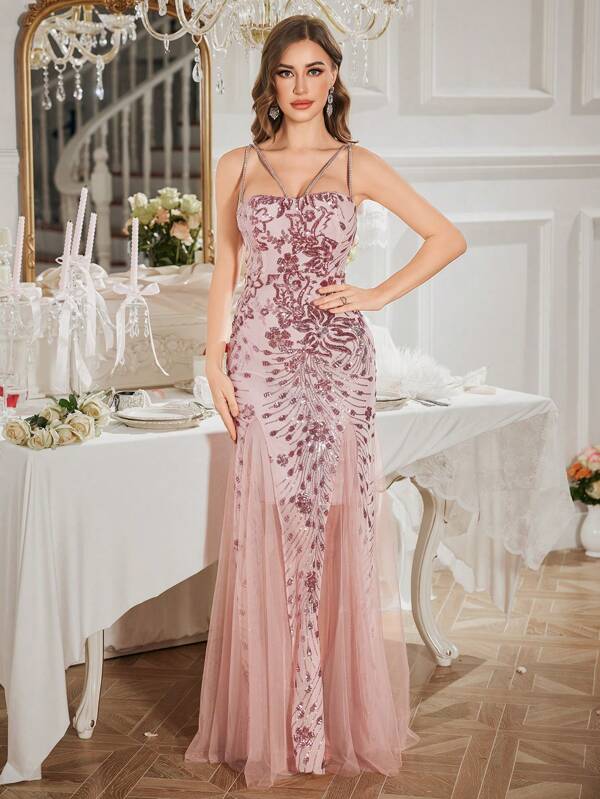 Women's Luxury Niche Ballroom Fitted High-End Heavily Embellished Spaghetti Strap Rhinestone Dress, Pink Mesh Sequin Evening Gown, Suitable For Wedding Guest, Elegant Party, Graduation