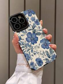 1 Stück Vintage blumige Muster klassisches vertikales Kunstleder Schutzhülle in Blau, kompatibel mit Apple 15/15 Plus/15 Pro/15 Pro Max