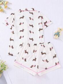 2pcs/Set Cute Dachshund Print Women Summer Pajama Set, Short Sleeve Collar Top And Loose Elastic Waist Shorts, Casual Sleepwear And Homewear Set For Women All Season, Spring