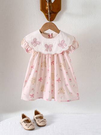 1 件女童蝴蝶刺绣印花翻领短袖连衣裙，优雅宽松飘逸幼儿度假礼服