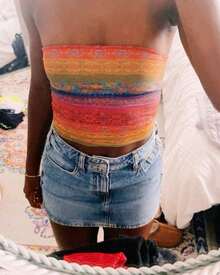 Women Boho Floral Tube Top  Colorful Flower Print Strapless Slim Fit Crop Top Beach Vacation Bandeau Tops - trái cam - Xem 5
