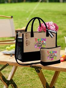 Bộ quà tặng Ngày Nhà giáo, gồm 1 túi xách thời trang cỡ lớn và 1 ví đựng tiền xu bằng vải lanh, in dòng chữ "Dạy học là một nỗ lực từ trái tim", họa tiết sáng tạo, màu sắc tươi tắn, rộng rãi và bền chắc. - Màu Khaki - Xem 5