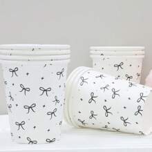 10/20/50/100pcs, Black Bow Plates And Napkins Cups Tableware Sets For Birthday Decorations, Black Birthday Party Supplies Include Straws, Bow Birthday Decorations