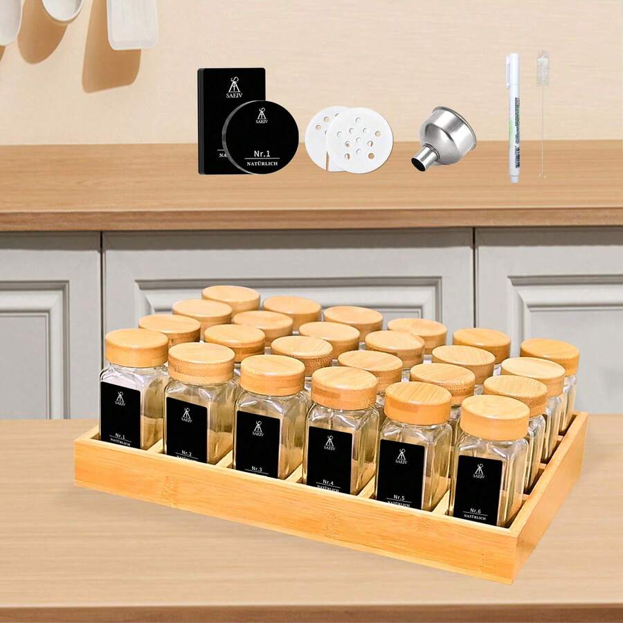 ERUIV Bamboo Spice Rack With 24 Compartments, 24 Spice Jars (120 Ml), Drawer Organizer, Spice Rack With Spice Jars, Spice Labels, Spice Organizer - 24 Square Bottles With Bamboo Lids and Tray - View 1