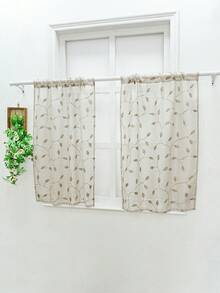2pcs Leaf & Vine Embroidered Sheer Curtain Panels, In White/Gray/Green/Khaki, Hang On Rod, Multi-Size & Room Suitable For Decoration - Khaki - View 14
