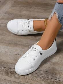 Plus Size Women White Sneakers, Fashion Flat Casual Lace-Up Sport Shoes For School, Versatile Trainers (Please Order One Size Up As The Shoes Run Small)
