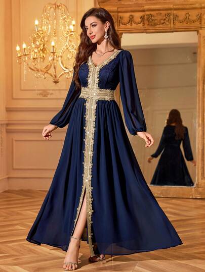 MIUSOL V 领花卉蕾丝灯笼袖雪纺刺绣贴花正式派对长裙、端庄卡夫坦连衣裙、正式晚礼服，适合婚礼宾客