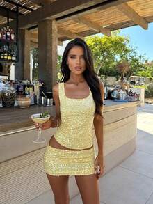 Women's Slim Sequin Two-Piece Outfit Sleeveless Y2K U-Neck Tankini Top And Mini Skirt For Club Party - 黃色 - 查看 2