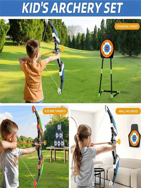 Kinder Bogen und Pfeil Set mit coolen Lichtern - 15 Meter Reichweite, strapazierfähiges Gummiband, starke Saugnapfpfeile. Outdoor Sport & Wettbewerbsspielzeug für Jungen & Mädchen von 3-12 Jahren, Lernspiel. Perfektes Outdoor-Spielzeug für Geburtstage & Weihnachten