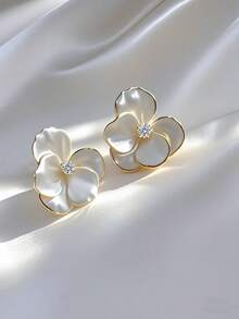 一對手繪油畫花卉耳釘，配有彩色鑽石，甜美風格和誇張的耳環，高級女性禮品珠寶 - 油畫花朵耳環 - 查看 4