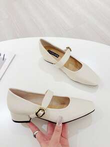 法式时尚通勤低帮鞋女韩版仙女风粗跟玛丽珍鞋系带扣小皮鞋大码41-43 - 白色 - 查看 2