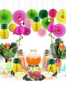 夏威夷宴会热带派对装饰套装 夏威夷桌裙 棕榈叶 芙蓉花 彩色雨伞 水果吸管 菠萝 火烈鸟 夏威夷派对、夏威夷背景、夏威夷装饰 - 彩色 - 查看 4