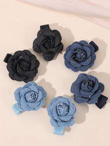 6pcs Cowboy Camellia Hair Clips For Girls Exquisite Flower Hairpins For Daily Wear - Multicolor - View 8