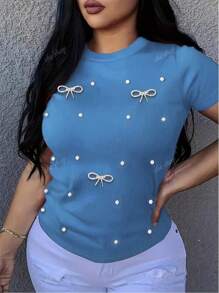 T-shirt/Top décontracté polyvalent à manches courtes avec nœud papillon, décoration de fausses perles, col rond, jeune et mignon. Convient pour les vacances, les sorties, le déplacement, les courses, le port quotidien (nœud papillon amovible). Printemps/été
