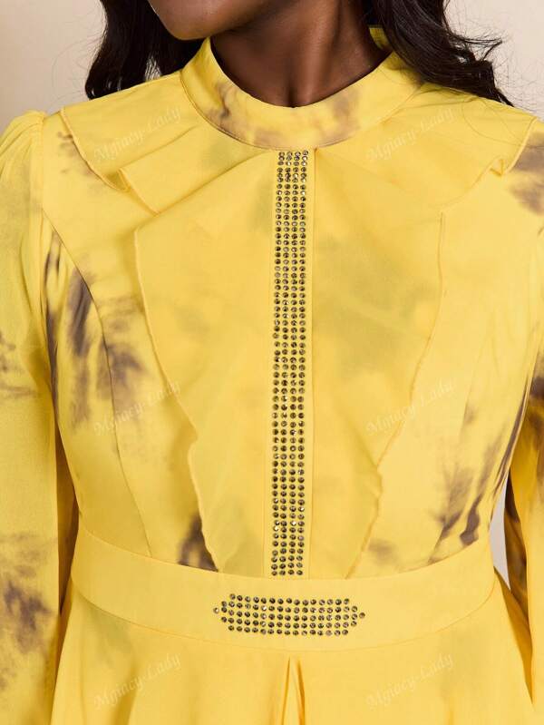 Mgiacy-Lady, Neuankömmling, stehender Kragen, feminin, Große Größen traditionelles afrikanisches Kleid, Transferdesign, Rüschen, Laternenärmel, langes Kleid