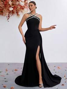 Criss-Cross Rhinestone High Waist Long Flowing Slit Back Lace-Up Ball Gown Evening Dress - Black - View 7