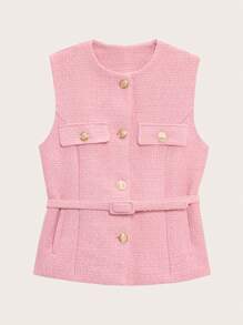 Women's Sleeveless Solid Color Gold Buckle Waistcoat Top, Spring And Autumn