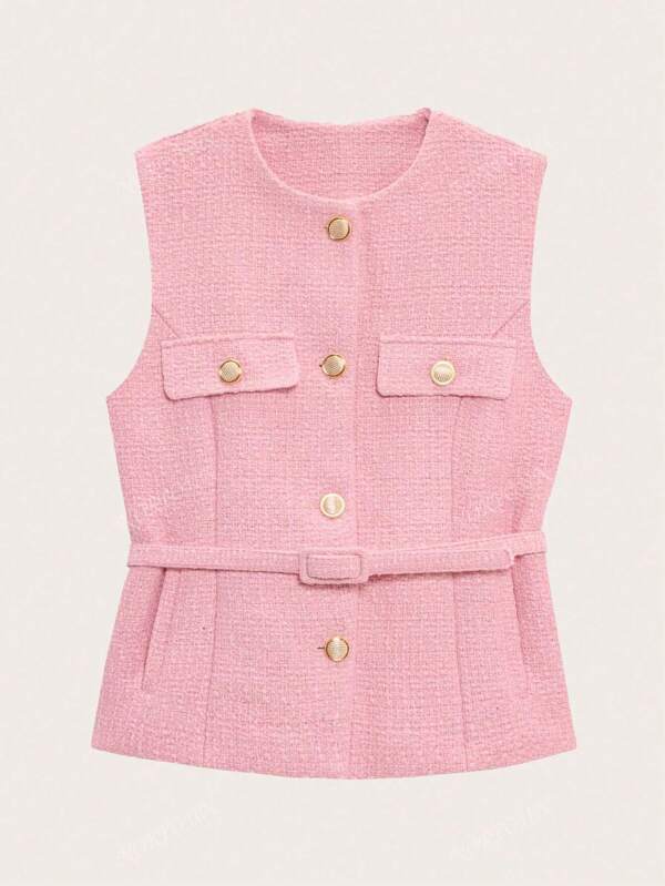 Women's Sleeveless Solid Color Gold Buckle Waistcoat Top, Spring And Autumn