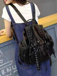 Vintage Rivet Backpack Purse, Retro Punk Style Travel Daypack, Women's Gothic School Knapsack.