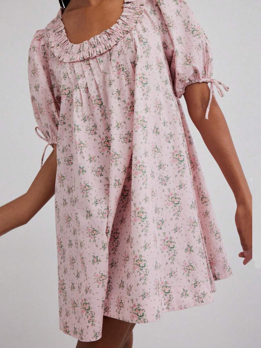 Women Summer Puff Sleeve Cherry/Floral Print Mini Dress Square Neck Ruffle Trim Casual Loose Short Party Dress Nightdress - 粉色 - 查看 1