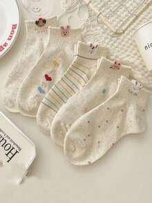 5 Pairs Random Cartoon Puppy & Rabbit Print Ankle Socks, Spring/Summer - Multicolor - View 3