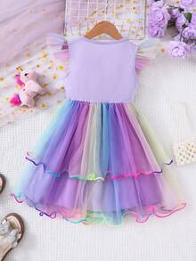 Young Girls' Spring/Summer Cartoon Unicorn Cap Sleeve Ombre Colorful Mesh Princess Dress, Cute & - Purple - View 3