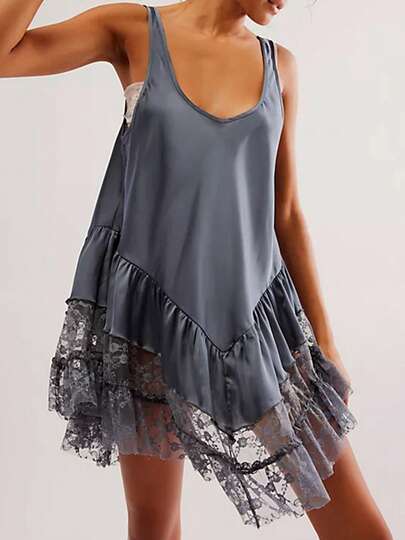 Women's Summer Sleevelesss Dress Lace Patchwork Deep U-Neck Backless Mini Loose Dress Streetwear