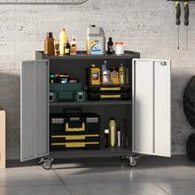 2 Doors High Garage Storage Cabinet With Wheels, Locking Steel Rolling Tools Chest With Handle, Metal Storage Cabinet With 1 Shelves For Garage, Home, Office - Light Gray and Dark Gray Color Matching - View 5