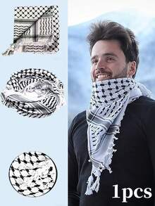 1pc Large Arabic Military Tactical Desert Shemagh Keffiyeh Scarf, Black And White, Handmade Double-Knotted Fringe - Multicolor - View 1
