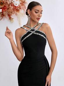 Criss-Cross Rhinestone High Waist Long Flowing Slit Back Lace-Up Ball Gown Evening Dress - Black - View 9