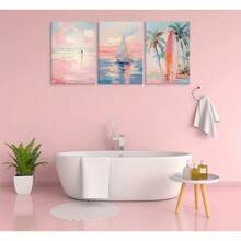 3 pièces Peintures sur canevas murales roses style côtier, images de voilier rose et de planche de surf. Décoration murale de plage chic pour chambres d'ado, appartements et maisons. Prêtes à accrocher. Ensemble de 3 pièces dans un cadre haut de gamme créant une atmosphère murale
