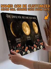 Catygift طباعة قماشية مخصصة بموضوع عائلي، هدية شخصية للأم، فن طور القمر المخصص، ديكور جداري شخصي بالأسماء والتواريخ، هدية عيد الأم، ملاذ المنزل - كما هو موضح - مشاهدة 17