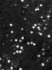 女士黑色亮片透视网纱连衣裙，饰有水钻，全长心形领口，细肩带，胸前透视设计，不规则修身下摆，短款派对/夜店修身礼服