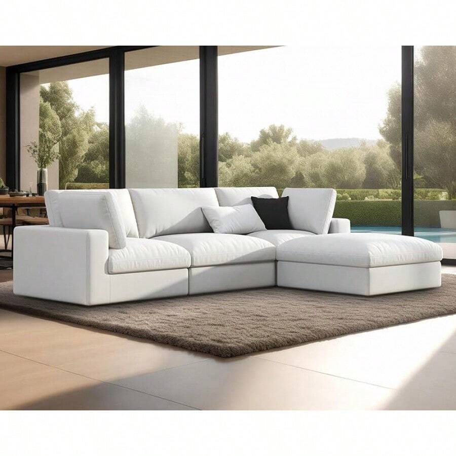 114" L-Shaped Modular Sectional Sofa – 4-Seat Oversized Cloud Couch With Down Feather Fill, Chaise, And Ottoman For Living Room - 白色 - 查看 1