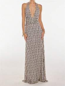 Womens Boho Floral Print Halter Maxi Bodycon Dress Deep V Neck Sleeveless Backless Dresses Cocktail Long Dress Beach Vacation Party Sundress Outfit - 黑色 - 查看 3