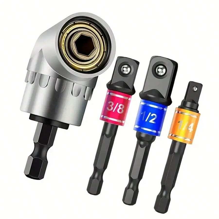 4pcs/Set, Heavy Duty Impact Electric Hand Tools, Driving Socket Adapter Extension Kit, 1/4", 3/8", 1/2" Hex Shank Drill Bit Nut Driver Set + 105-Degree Right Angle Driver, Extension Screwdriver Drill Bit Attachments