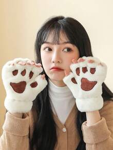 1 Pair Cute Cat Paw Fingerless Gloves, Plush Half-Finger Gloves, Warm & Cold-Resistant, Suitable For Girls Daily Use In Winter (With Rope) - Multicolor - View 7