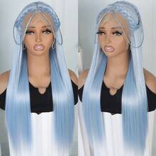 Light Blue Color Hair Synthetic Lace Front Wigs Fashion Blue 13x4 Free Part 28 Inches Long Straight Wigs HD Lace Pre Plucked Baby Hair Natural Hairline Glueless Frontal Lace Replacement Wigs Ready To Wear Comfortable For Women Girls Party Movie Concert Makeup Use Daily Wear - Màu xanh nhạt - Xem 2