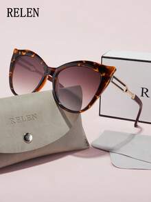 RELEN 1pc ELEN Brand Women Fashion Sunglasses, New Design Cat Eye Luxury Niche Personalized Versatile High Quality Street Style Accessories, Includes Eyeglasses Case And Cloth, Suitable For Beach, Outdoor, Cycling, Vacation, Sun Protection, Stage Performance, Party, Gathering - Multicolor - View 12