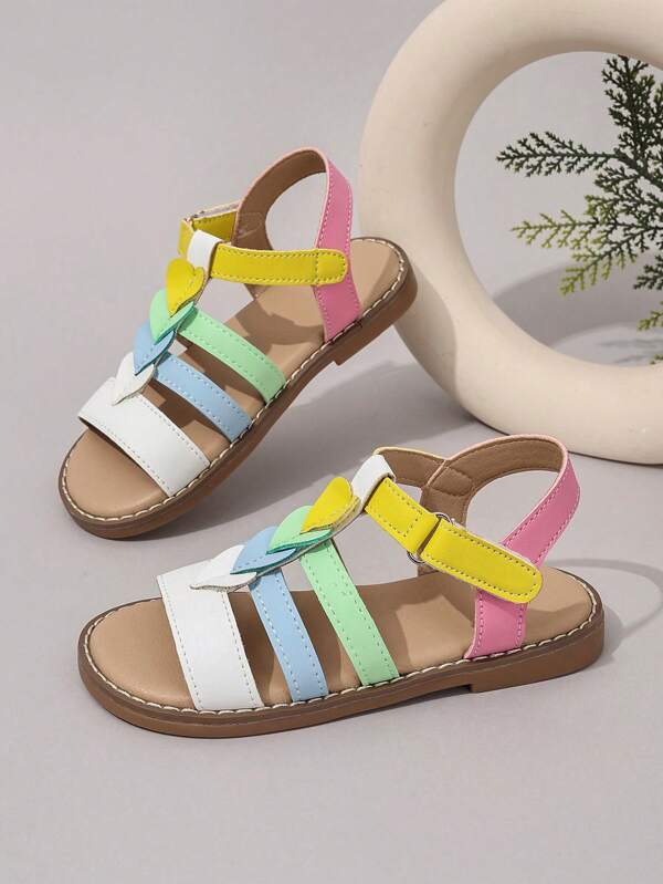 Sandalias planas de verano para niños con diseño de corazón multicolor y abertura en los dedos, aptas para la playa, vacaciones, uso diario, escuela