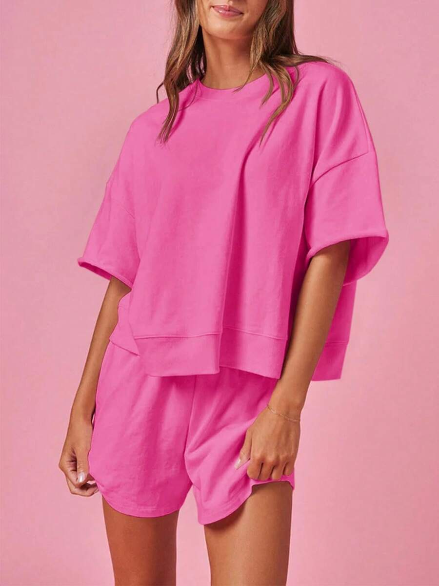 Womens 2 Piece Outfits Oversized Cropped Sweatshirt And High Waist Running Shorts Casual Tracksuit Sets - 粉色 - 查看 1