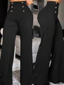 女士优雅高腰阔腿裤 - 黑色涤纶直筒裤，纽扣细节，适合休闲或正式穿着