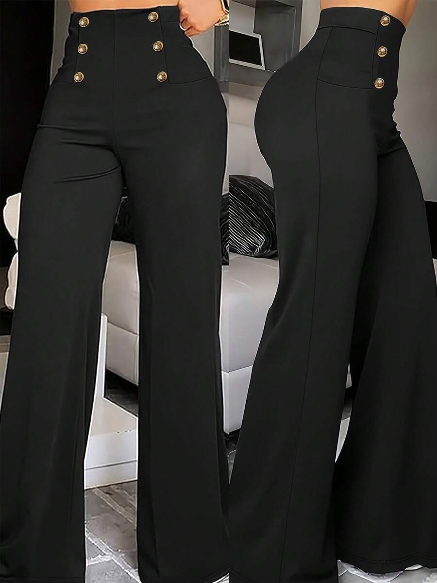 女士优雅高腰阔腿裤 - 黑色涤纶直筒裤，纽扣细节，适合休闲或正式穿着